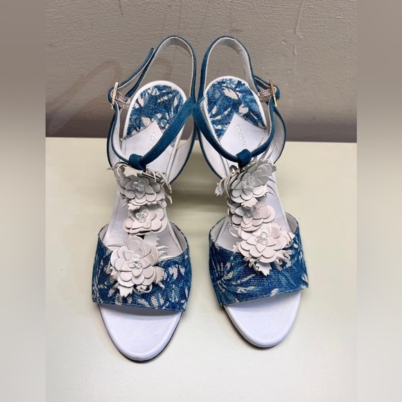 GIOVANNA GRAZZINI MADE IN ITALY Blue and White Stiletto Sandals Floral Design - Picture 1 of 6